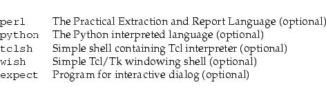 \begin{longtable}[l]{l l}
{\tt {}perl} & The Practical Extraction and Report Lan...
...
{\tt {}expect} & Program for interactive dialog (optional) \\
\end{longtable}